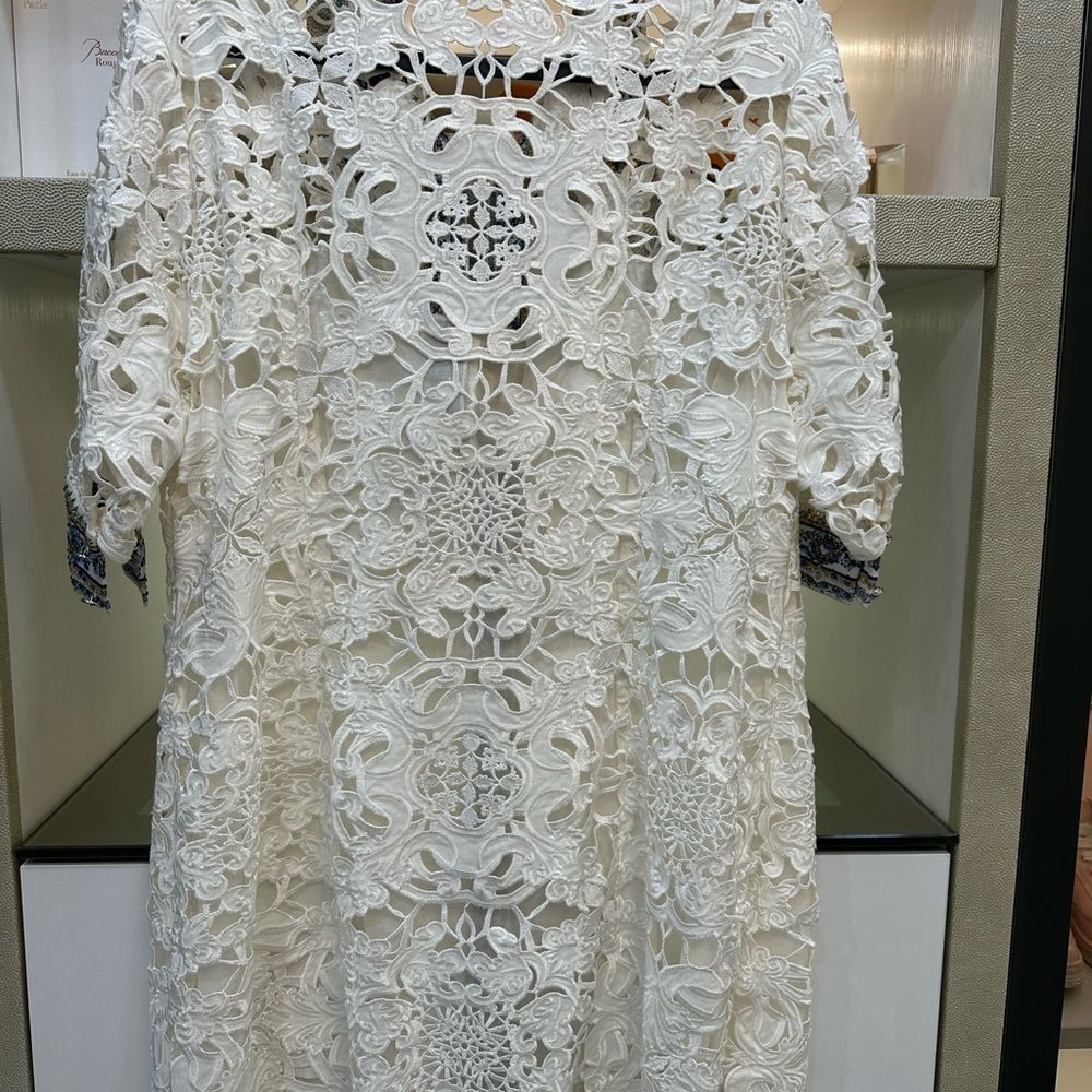 White Lace Shirt Dress with Blue Trim - Picture 8 of 10